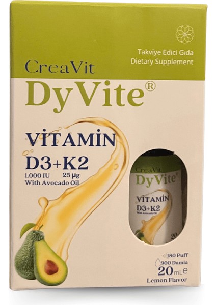 Dyvite® Vitamin D3K2, Avokado Yağlı, Limon Aromalı Damla/Sprey Takviye Edici Gıda 20 ml