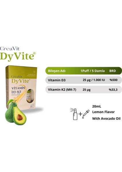 Dyvite® Vitamin D3K2, Avokado Yağlı, Limon Aromalı Damla/Sprey Takviye Edici Gıda 20 ml