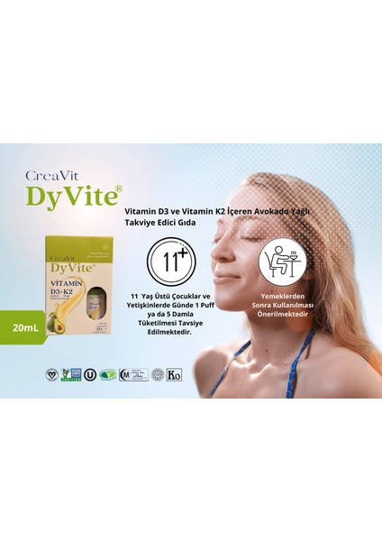 Dyvite® Vitamin D3K2, Avokado Yağlı, Limon Aromalı Damla/Sprey Takviye Edici Gıda 20 ml