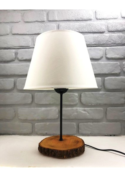 Vintage Ahşap Doğal Kütük Ayaklı Beyaz Kumaş Şapkalı Abajur Masa Gece Lambası Modelleri