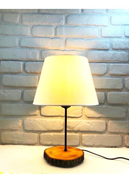 Vintage Ahşap Doğal Kütük Ayaklı Beyaz Kumaş Şapkalı Abajur Masa Gece Lambası Modelleri