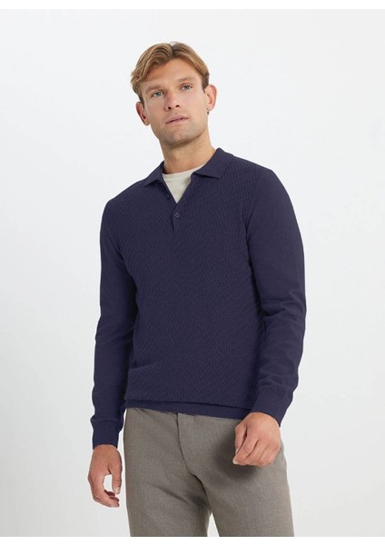 Erkek Indigo Pamuklu Standart Fit Normal Kesim Polo Yaka Armürlü Triko Kazak