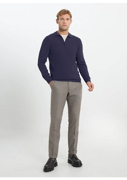 Erkek Indigo Pamuklu Standart Fit Normal Kesim Polo Yaka Armürlü Triko Kazak fiyatları