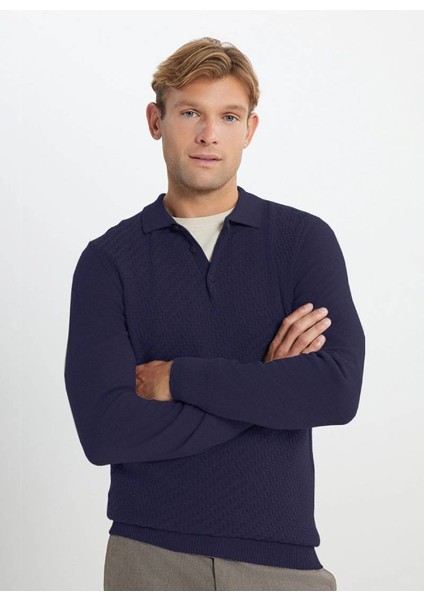 Erkek Indigo Pamuklu Standart Fit Normal Kesim Polo Yaka Armürlü Triko Kazak modelleri