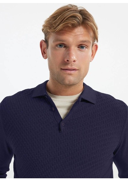 Erkek Indigo Pamuklu Standart Fit Normal Kesim Polo Yaka Armürlü Triko Kazak fırsatları