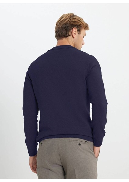 Erkek Indigo Pamuklu Standart Fit Normal Kesim Polo Yaka Armürlü Triko Kazak indirimleri