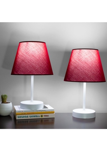 Bordo Modern Ikili Yatak Odası Abajur Beyaz Ayaklı Masa Lambası