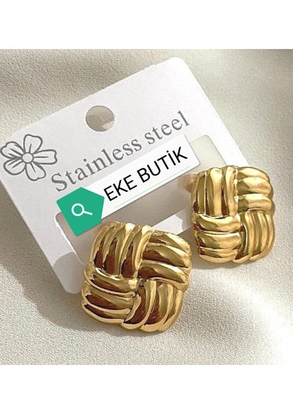 Çelik Örgü Taş Küpe Altın Çivili