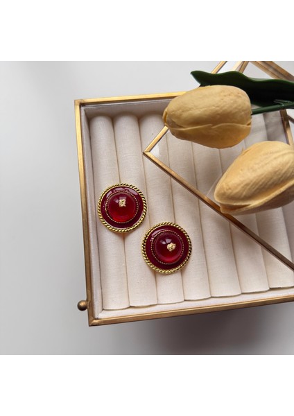 Bordo Mineli Yaldızlı Yuvarlak Küpe