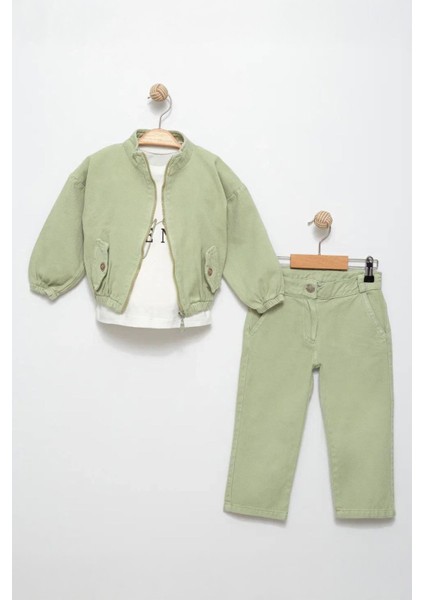 Trend Baskılı Gabardın Ceketli Kız Çocuk 3 lü takım - Yeşil