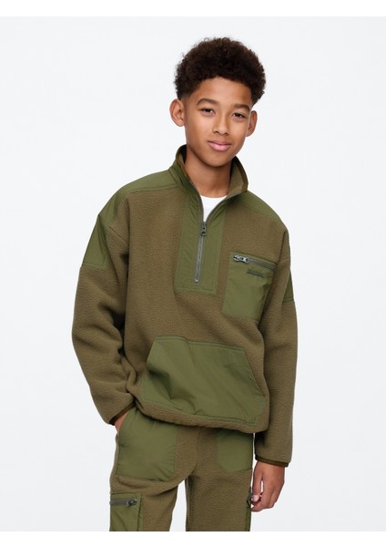Erkek Çocuk Haki Yarım Fermuarlı Sherpa Pullover Sweatshirt