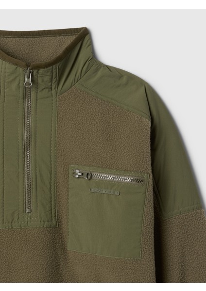 Erkek Çocuk Haki Yarım Fermuarlı Sherpa Pullover Sweatshirt modelleri