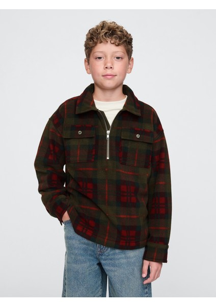 Erkek Çocuk Koyu Yeşil Yarım Fermuarlı Desenli Sweatshirt