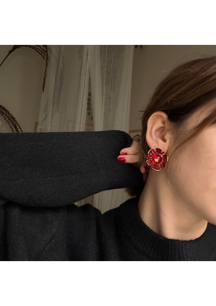Bordo Mineli Yaldızlı Çiçek Küpe fiyatları