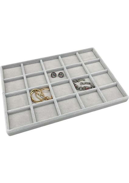 Yerli Üretim Süet Kumaş Gri Renkli 34/24 cm 20 Bölmeli Çekmece Içi Takı Standı