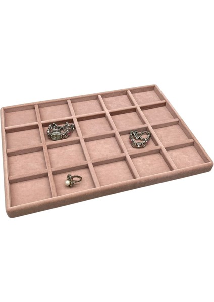Yerli Üretim Süet Kumaş Pembe Renkli 34/24 cm 20 Bölmeli Çekmece Içi Takı Standı