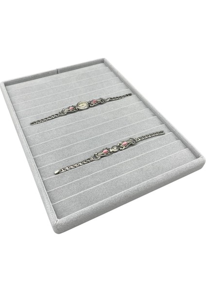 Yerli Üretim Süet Kumaş Gri Renk 34/24 cm 14 Adet Kademeli Çekmece İçi Bileklik Tablası