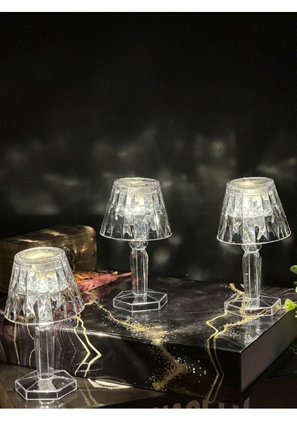 3'lü Küçük Boy Kristal Elmas LED Masa Lambası Pilli Projeksiyon Şeffaf Abajur 12 cm modelleri