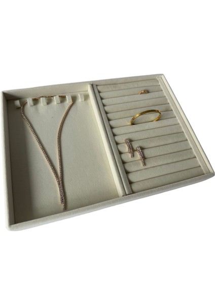 Yerli Üretim Rio Model Süet Kumaş Krem Renk Tırnak-Sosis Çekmece İçi Taki Düzenleyici Takı Standı