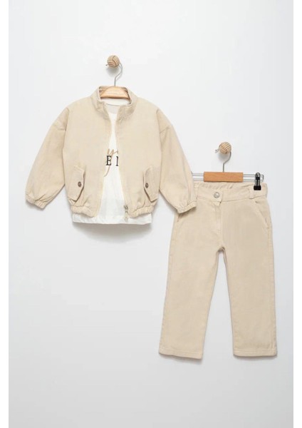 Trend Baskılı Gabardın Ceketli Kız Çocuk 3 lü takım - Bej