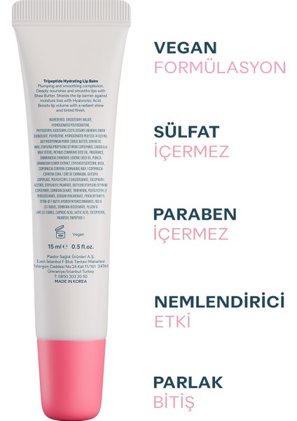 Tripeptit Içeren Nemlendirici Besleyici Ve Dolgunlaştırıcı Çilekli Pembe Renkli Dudak Balmı 15 ml