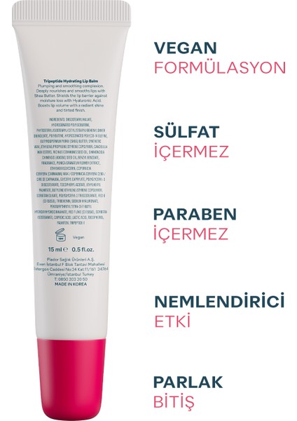 Tripeptit Içeren Nemlendirici Besleyici Ve Dolgunlaştırıcı Ahududulu Kırmızı Renkli Dudak Balmı 15ml