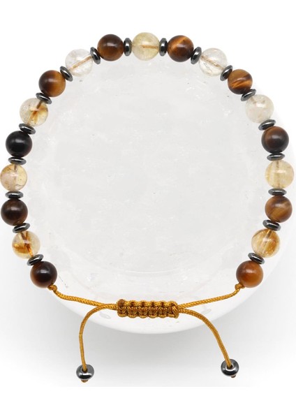 Kaplan Gözü-Sitrin Doğal Taş Makrome Örme Bileklik Küre Kesim