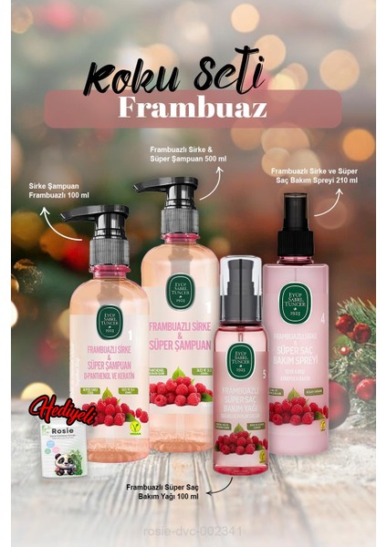 Frambuazlı Şampuan 500 ml ve 100 ml Bakım Yağı 100 Ml, Sprey 210 ml ve Rosie Hediye