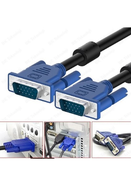 VGA Kablosu Ekran LCD Monitör Projeksiyon Görüntü Bağlantı Kablosu Çift Filtreli 1.5 Metre