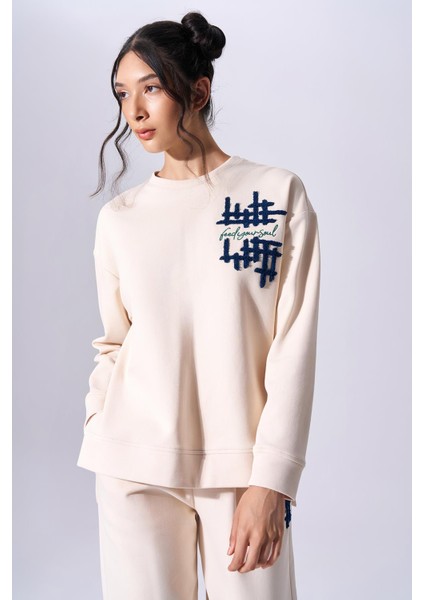 Kadın Pamuklu Baskılı Uzun Kollu Günlük Kullanım Krem Sweatshirt 2591307