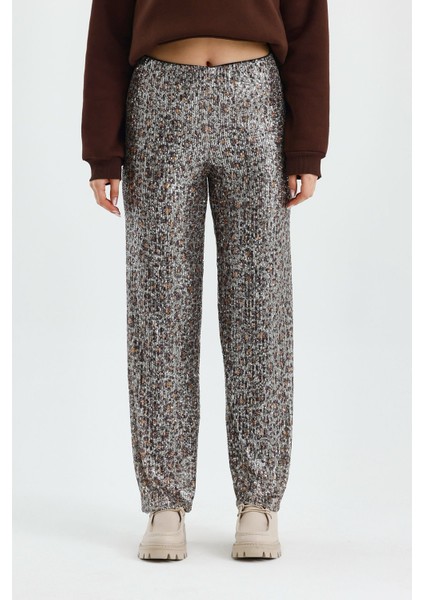 Lastikli Yüksek Bel Içi Astarlı Pullu Kumaş Bol Paça Pantolon M - Leopar