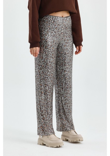 Lastikli Yüksek Bel Içi Astarlı Pullu Kumaş Bol Paça Pantolon M - Leopar modelleri