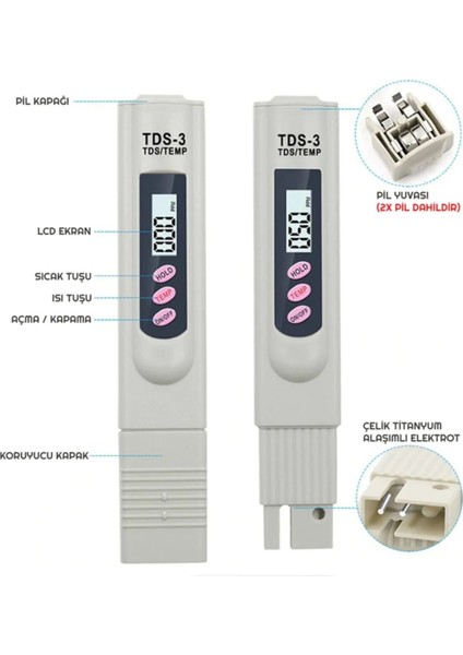 Tds3 Metre Su Kalite Ölçme Cihazı Su Saflık Ölçer Sıcaklık Testi İçme Suyu Havuz Akvaryum