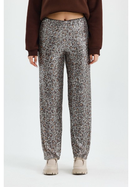 Kadın Pullu Astaralı Rahat Kesim Pantolon- Lastikli Bel - Işıltılı Kumaş