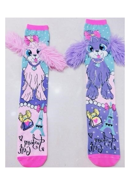 Peluş Kulaklıklı Köpek Desenli Çorap 4-12 Yaş