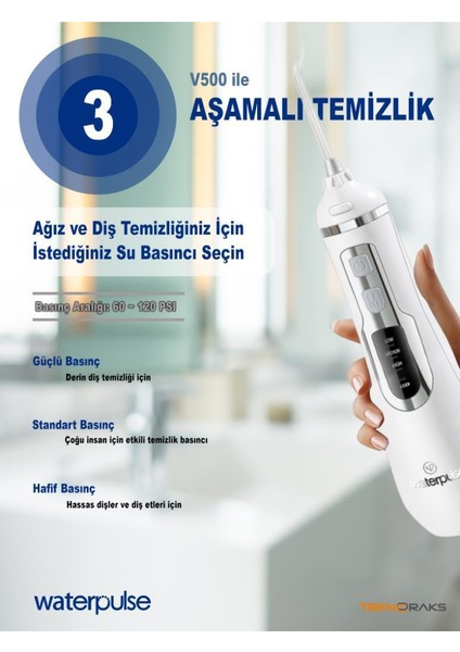 Water Flosser V500 Kablosuz Taşınabilir Ağız Duş Bakım Seti Beyaz