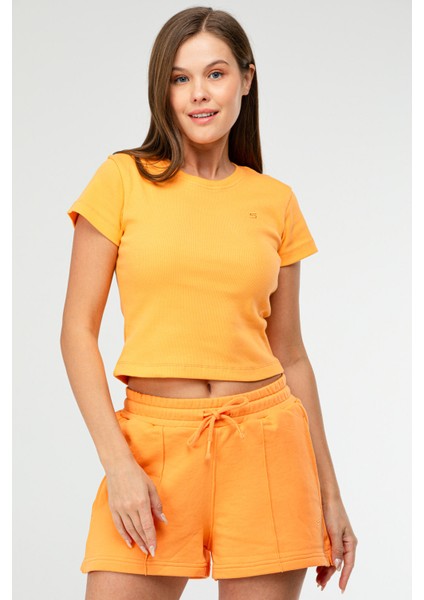 Oranj Slim Fit Basic Kaşkorse Bisiklet Yaka Kısa Kol Crop Kadın Body SF0757