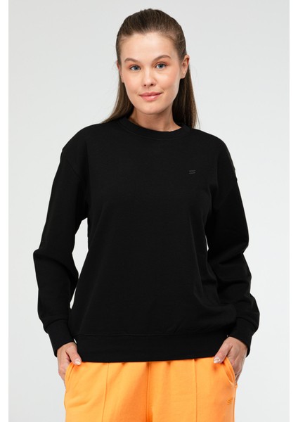 Siyah Oversize Basic Pamuklu Bisiklet Yaka Uzun Kol Kadın Sweatshirt SC1241