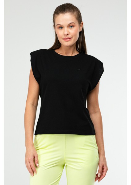 Siyah Oversize Basic 100% Pamuk Bisiklet Yaka Kolsuz Vatkalı Kadın Tişört SF0758