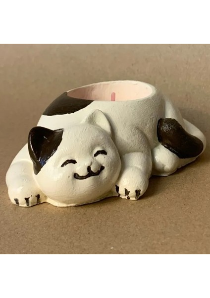 Uretti El Yapımı Bej - Kahverengi Sevimli Kedi Tealight Mumluk - 6 x 10 cm