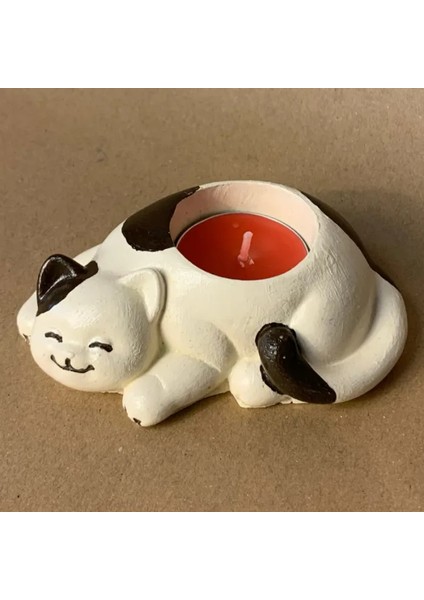 Uretti El Yapımı Bej - Kahverengi Sevimli Kedi Tealight Mumluk - 6 x 10 cm