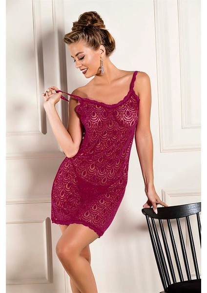 Devore Transparan Babydoll String Takım Bordo (31842)