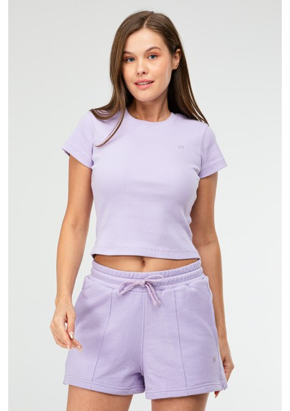 Lila Slim Fit Basic Kaşkorse Bisiklet Yaka Kısa Kol Crop Kadın Body SF0757