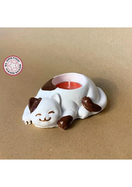 Uretti El Yapımı Beyaz - Kahverengi Sevimli Kedi Tealight Mumluk - 6 x 10 cm