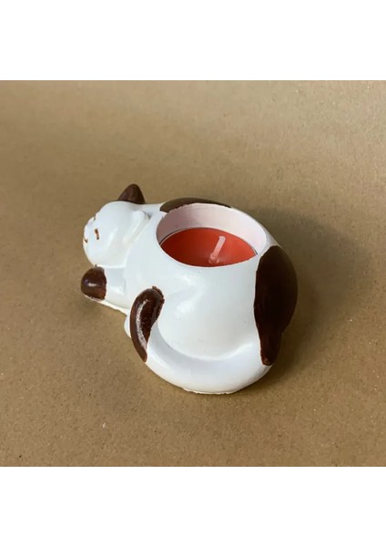 Uretti El Yapımı Beyaz - Kahverengi Sevimli Kedi Tealight Mumluk - 6 x 10 cm