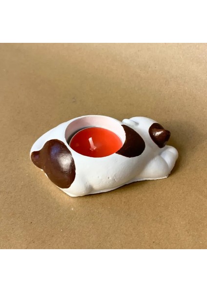 Uretti El Yapımı Beyaz - Kahverengi Sevimli Kedi Tealight Mumluk - 6 x 10 cm