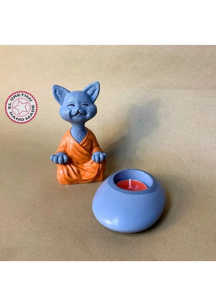 Uretti El Yapımı Kedi Buda Tealight Mumluk 2'li Dekoratif Set