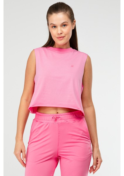 Pembe Regular Basic Pamuk Bisiklet Yaka Kolsuz Crop Kadın Atlet SF0749