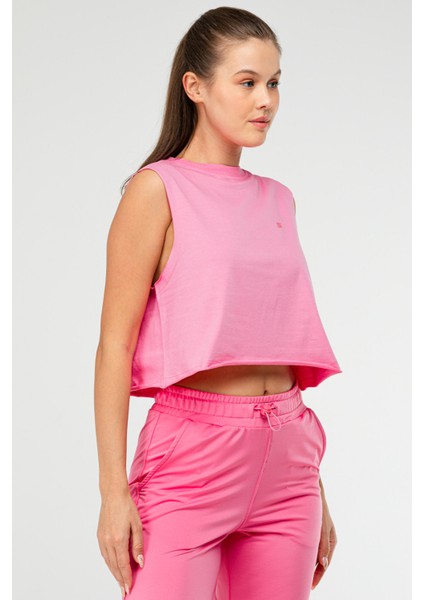 Pembe Regular Basic Pamuk Bisiklet Yaka Kolsuz Crop Kadın Atlet SF0749