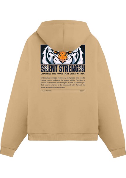 Baskılı Kahverengi Unisex Oversize Fit Pamuklu Kapüşonlu Sweatshirt